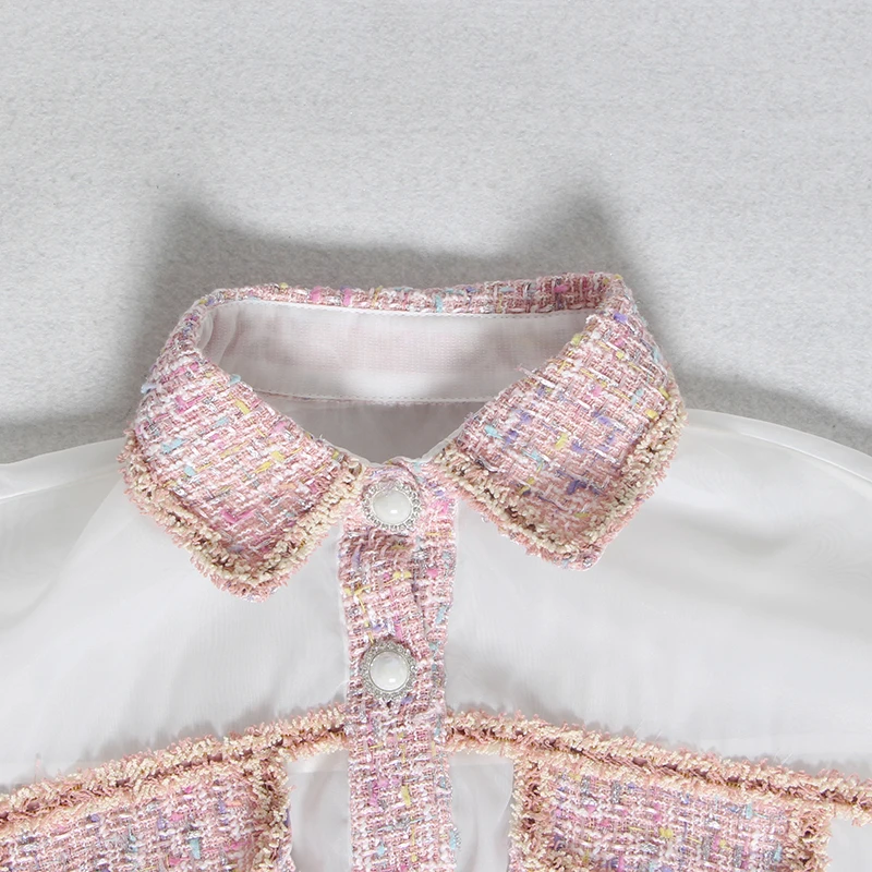 TWOTWINSTYLE перспективная Лоскутная твидовая женская рубашка с отворотным воротником с длинным рукавом и карманом Корейская женская рубашка блузка Мода