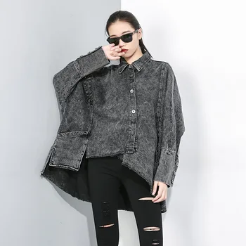 

Women Oversize Bat Sleeve Loose Denim Jacket Coat Female Men Streetwear Hip Hop Punk Gothic Splice Rivet Jean Jacket Outerwear