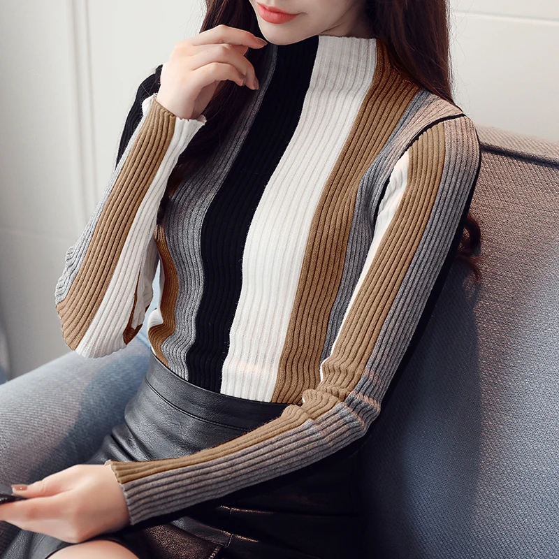 2019 женские sueter mujer pull femme hiver пуловер свитер в полоску Осенний с высоким воротником
