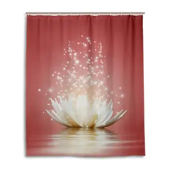

Lotus Flowers Shower Curtain for Bathroom Waterlily Red Background Polyester Waterproof Custom Bath Shower Curtain with 12 Hooks