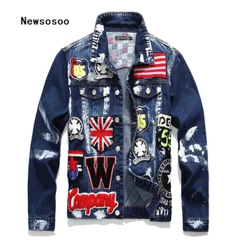 

European American Style men Embroidery letters denim jacket brand luxury men Outerwear & Coats blue jacket slim jacket for men