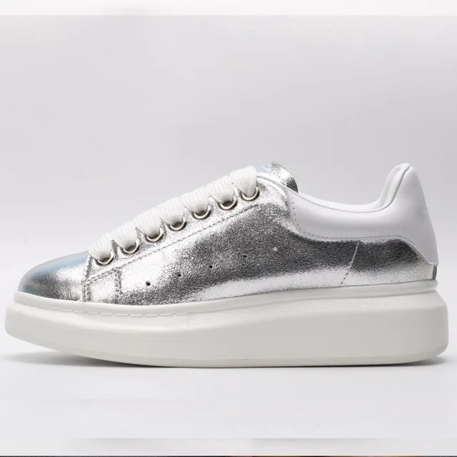 Mais novo de alta qualidade couro sapatos casuais mulher dedo do pе redondo rendas sapatos planos celeledad блестящая embelezado - Цвет: silver-7