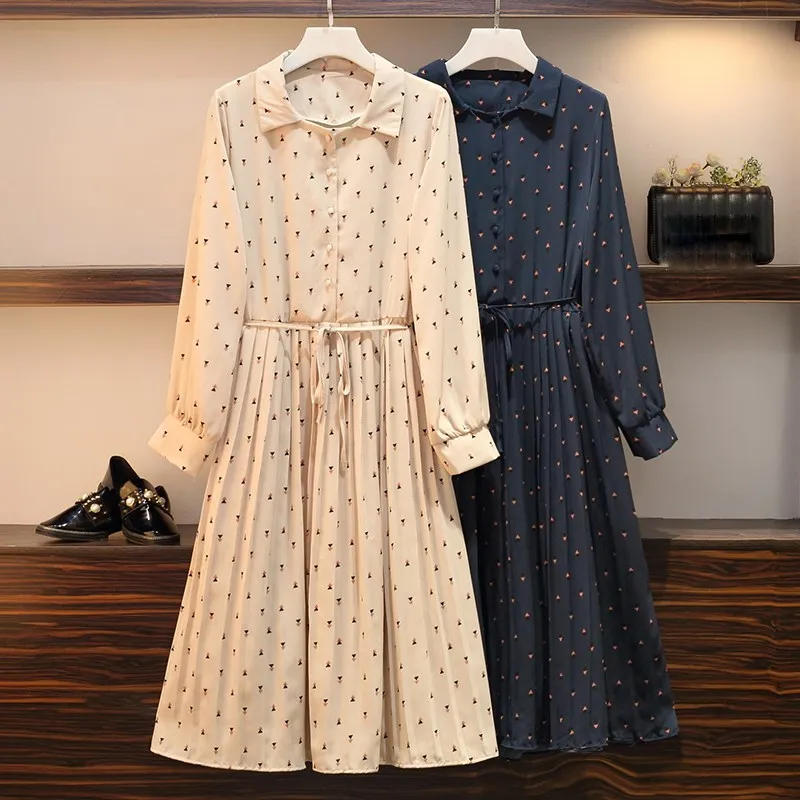 

Spring Autumn Nice Tide Women Plus Size Chiffon Dresses Long Sleeve Print Midi Dress Vintage Korean Female Pleated Dress