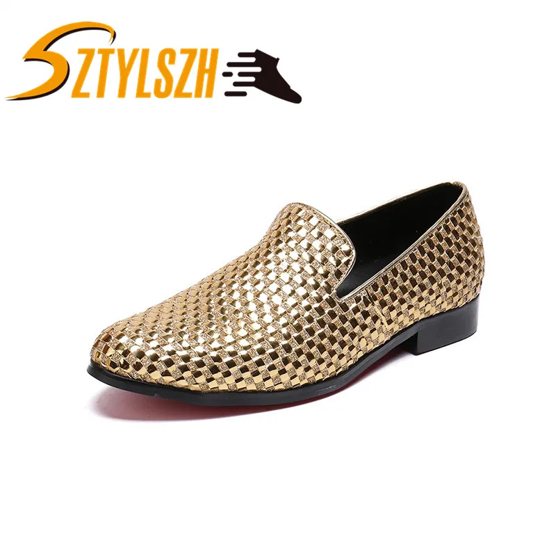 

Fashion Gold Blue Plaid Men Loafers British Style Genuine Leather Men Flats Shoes Slip on Casual Shoes Nightclub Dance Shoes