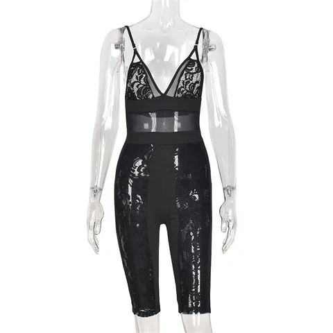 Black Lace Mesh Patchwork Playsuits Top Women Spaghetti Strap High Waist Backless Hollow Out V-neck Rompers 2022