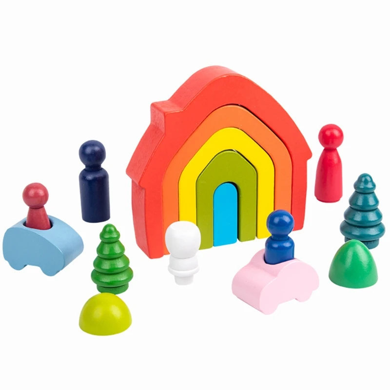 

Baby Children Wooden Rainbow House Stacking Game Building Block Gifts Kids Creative Educational Montessori Toys