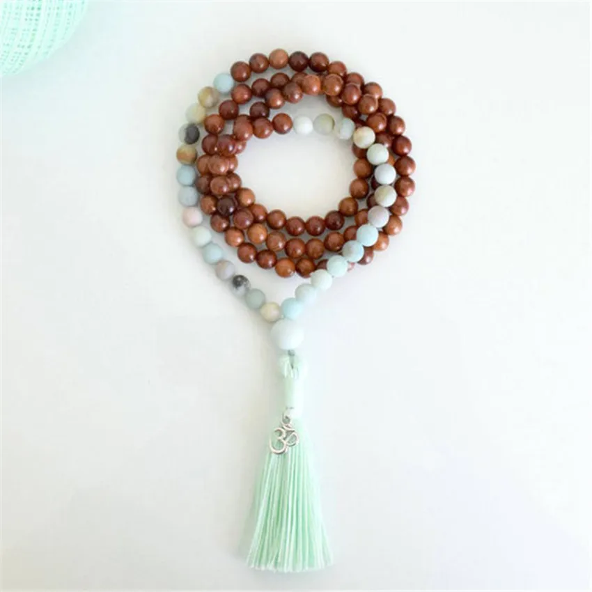 8mm Amazonite Sandalwood 108 Beads Handmade Tassel Necklace Classic Chakra Buddhism Yoga Spiritua Prayer Religious Japa