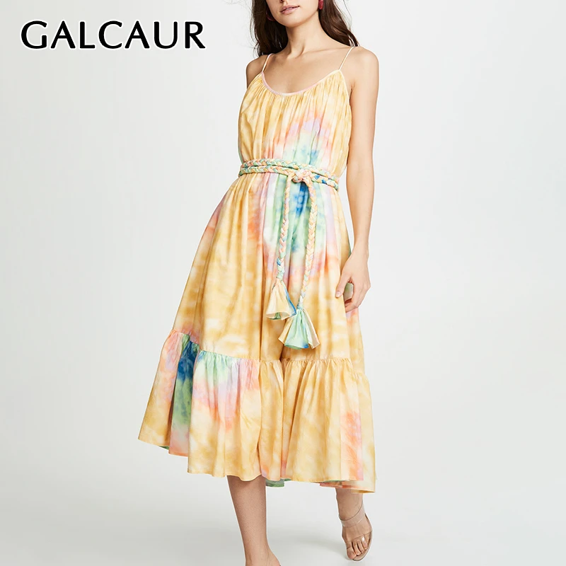 

GALCAUR Print Dress For Women Square Collar Sleeveless Sling High Waist Lace Up Hit Color Colorful Midi Dresses Female 2020 Tide