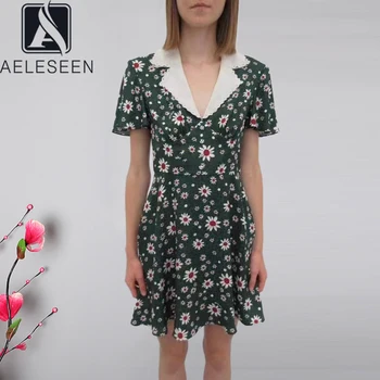 

AELESEEN 2020 Spring Summer Runway Fashion Dress Women's Flare Sleeve High Quality Floral Print Elegant Party Mini Dress