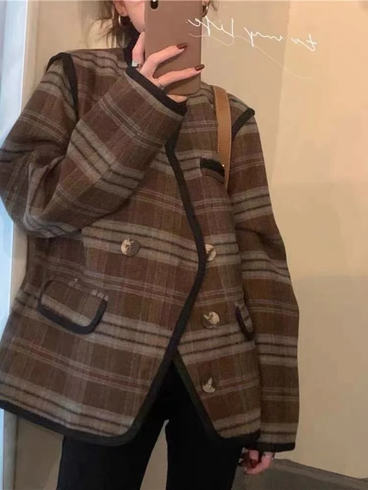 CMAZ 2021 Autumn Winter Thick Coats for Women Plus Size Covered V-neck Patchwork Plaid Suit Woolen Coat Women's Loose Korean Sty | Женская