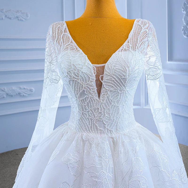 RSM67364 Sexy Lace Applique Blackless Wedding Dress V Neck Long Sleeve Luxury White Wedding Dress 2022 Vestido De Noiva Simples 4