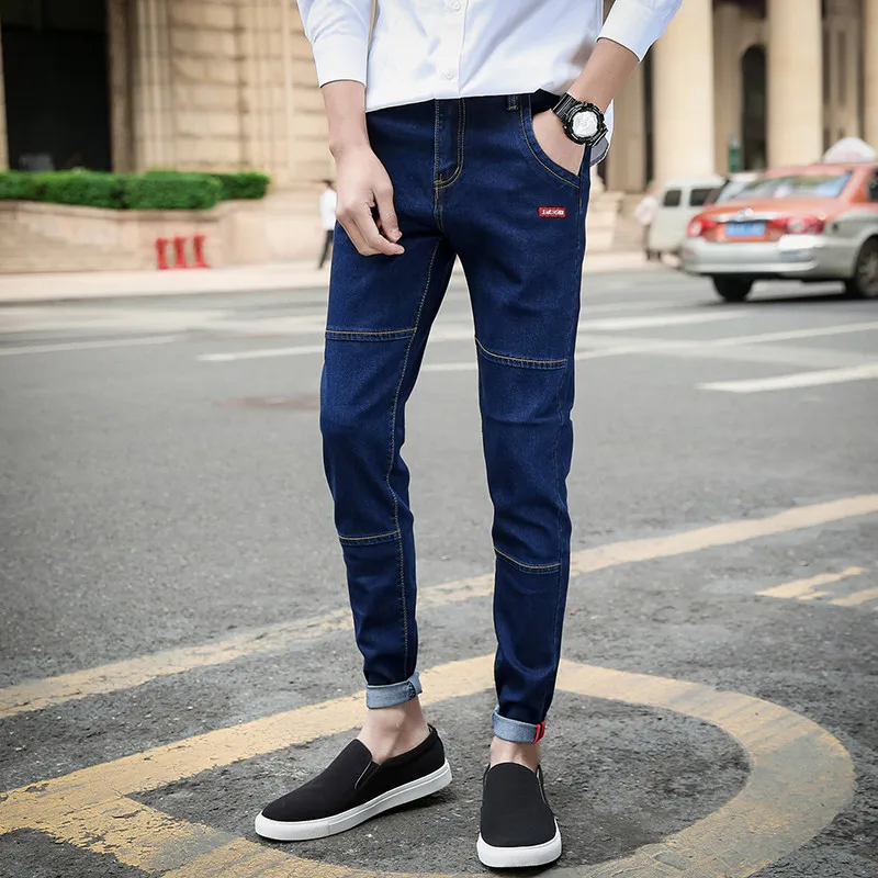

Men Pencil Pants Full Length Solid Slim Washed Feet Slim Denim Black Pant Joggers Elastic Waist Pants New Fashion Sportswear
