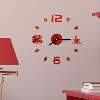 

Coffee Cups Acrylic Creative Wall Clock Stickers Mirror Self-Adhesive Watches Kitchen Decor Study Bedroom Decoration Waterproof