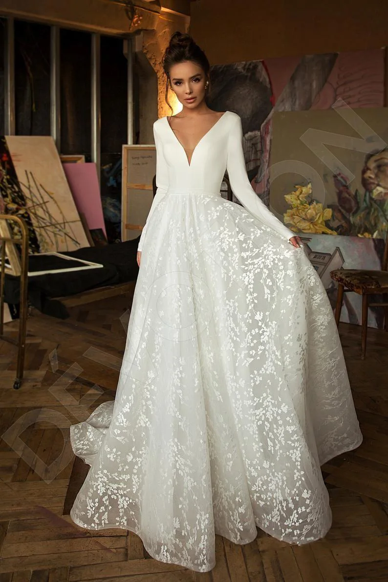 Бохо современные свадебные платья с длинным рукавом V шеи Покрытые Кнопки спинки кружева поезд свадебное платье Vestido de Novia