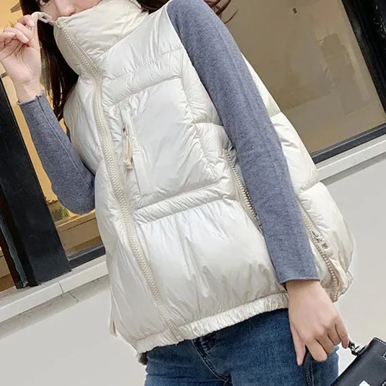 Winter Woman Down Cotton Short Vest Coat Yellow Stand Colloar Sleeveless Jacket Large size Waistcoat Korean Style Gilet Femme petite long puffer coat