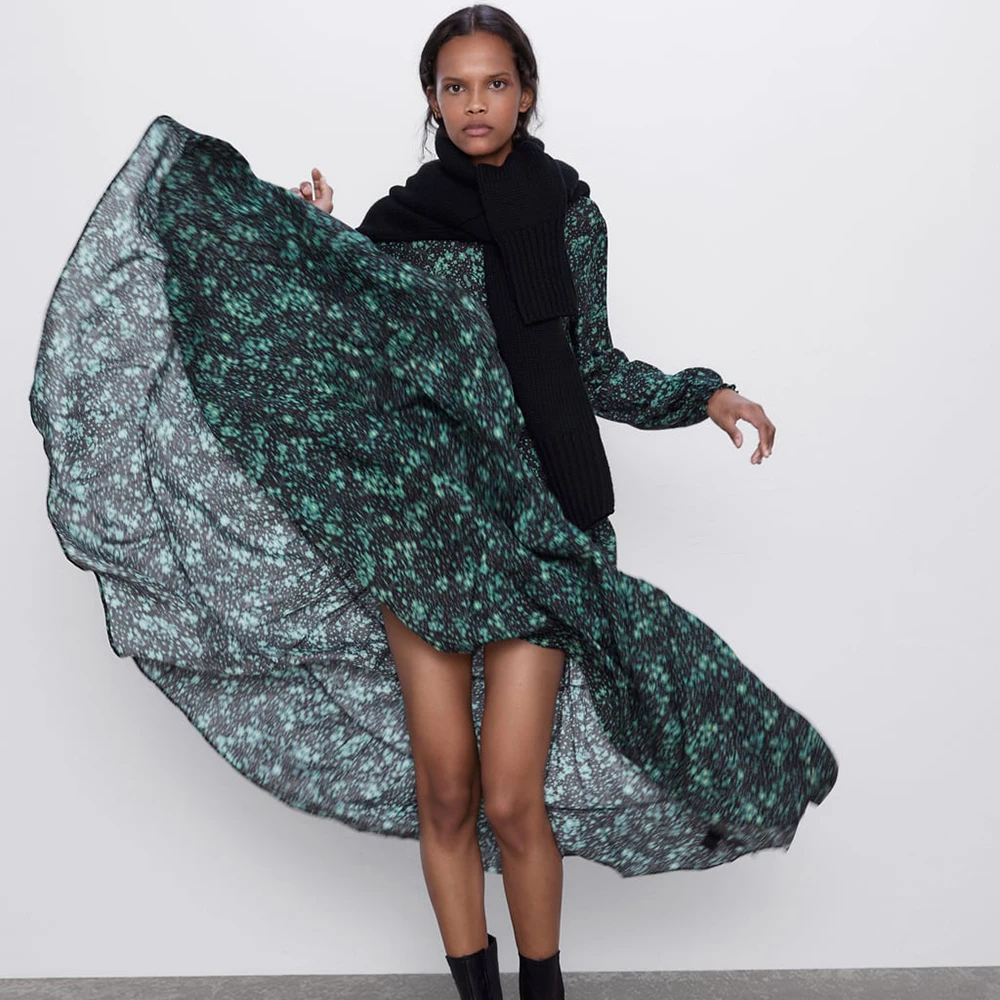 

ZA Green Print Dress Fashion 2019 Newly Autumn Winter Bohemian Loose Women Print Dress Party Friends Holiday Gifts Wholesale
