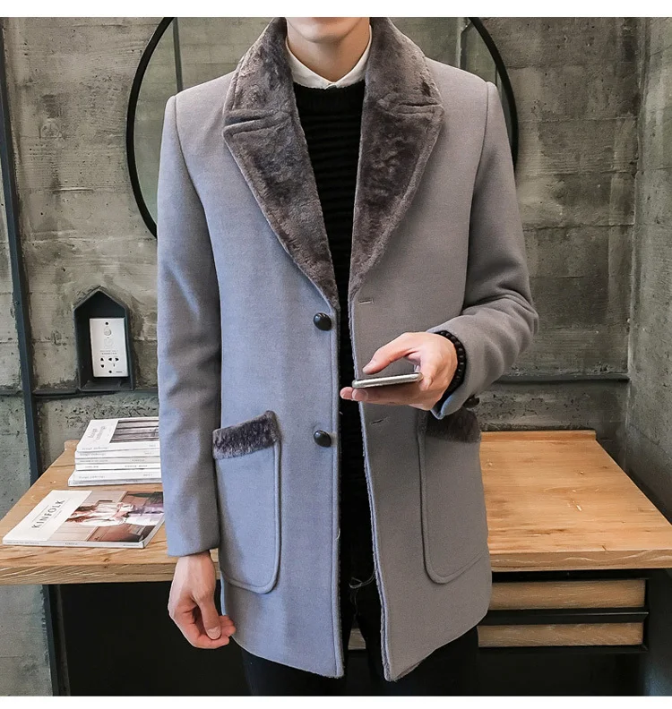 Fur Collar Trench Coat Men Wool Blend Winter Coat Slim Fit Men Manteau Homme Mid-Long Black Grey Mens Trench Coat Blue 4xl 5xl