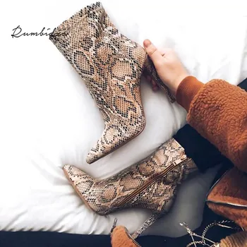 

Rumbidzo Women Boots Pumps Sexy Snake Print Thin Heels Ankle Boots Stiletto Pointed Toe Pu Leather Autumn Winter Boots Mujer