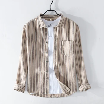 

2020 Men's Long Sleeve Stripe Shirts 100% Pure Linen Summer Casual Shirts Man White Turn Down Collar Shirt Male Y2430