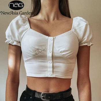 

NewAsia Puff Sleeve Summer Blouse Shirt Women Solid White Crop Tops Square Neck Elegant Blouse Fahion Blusas Clothes Clubwear