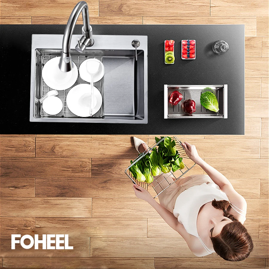FOHEEL Kitchen Sink Stainless Steel Single Slot Dish Basin Single Kitchen Sink Drain Basket And Drain Pip Rectangular