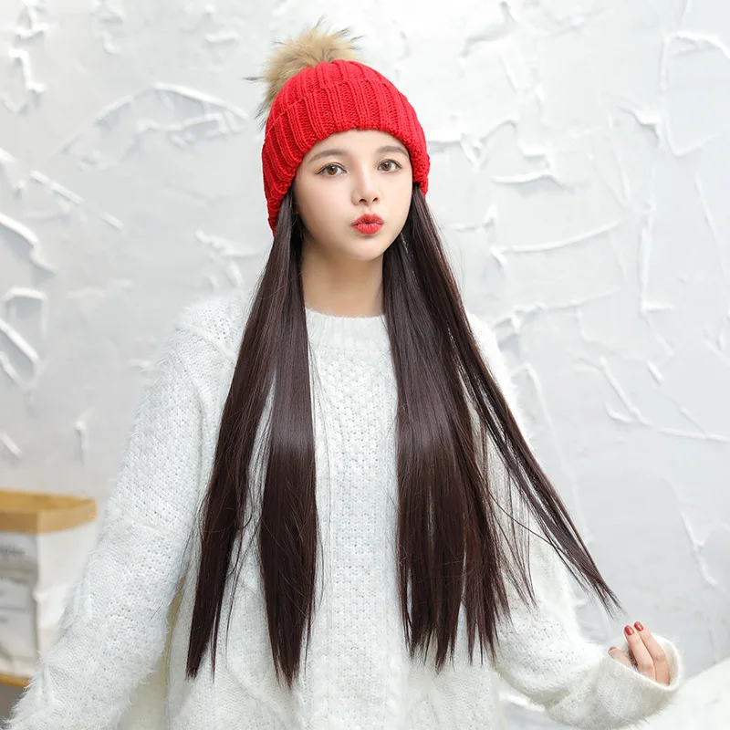 Winter knitted Beanies Hats Women Wig Long Synthetic Hair With Knitted Cap Wig All-in-one Wig Hat bonnet - Цвет: 5