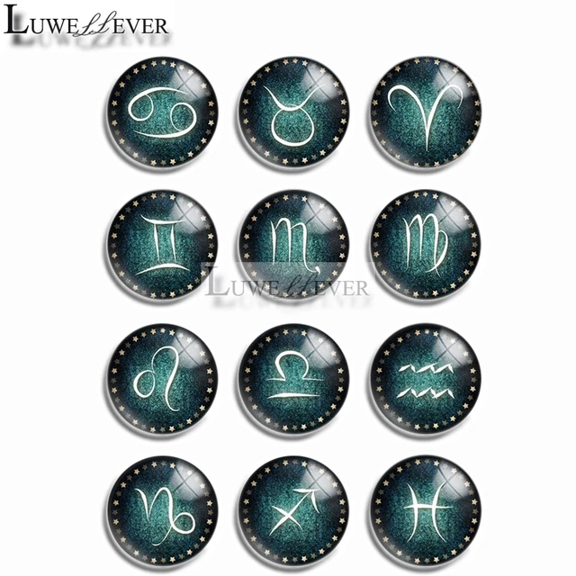 10mm 14mm 16mm 12mm 20mm 25mm 393 12pcs/lot Zodiac Mix Round Glass Cabochons Jewelry Findings 18mm Snap Button Charm Bracelet 1