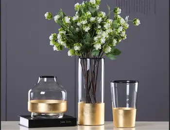 

European Glass Flower Vase with Gold Foil Figurines Living Room Decor Gold Tabletop Vase Crafts Household Ornament Wedding Gifts