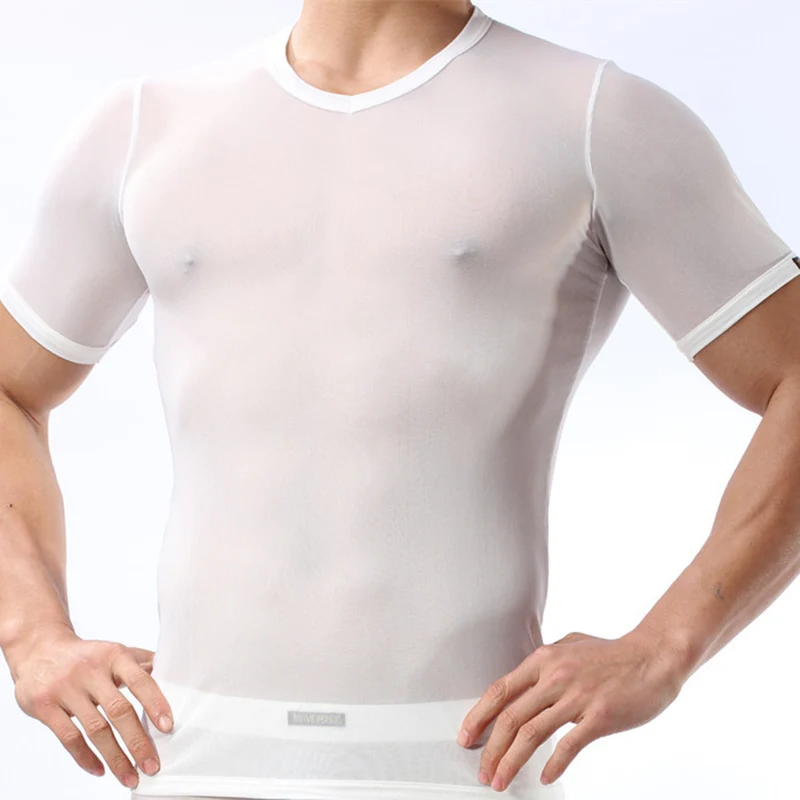 Man Undershirt Ultra-thin Transparent Shorts Sleeve T-shirts Ice Silk Gay Breathable Tops Tee Male Nightwear Sexy Sleepwear