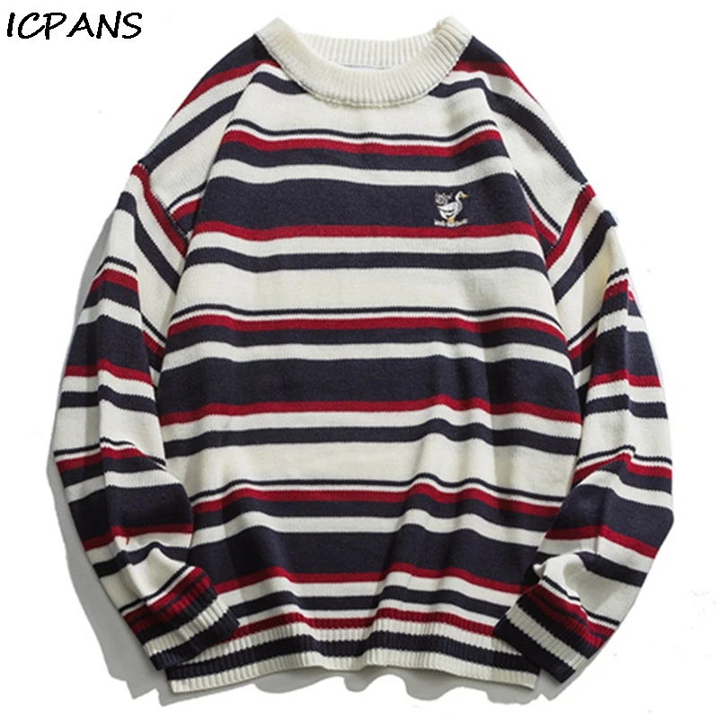

ICPANS Striped Embroidered Couple Women Men Pullovers Sweaters Kintting Loose Literary Korean Sweater Male 2019 Autumn