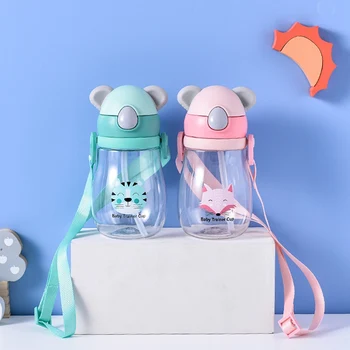 

2020 Kids Children Cartoon Animal School Drinking Water Straw Bottle Straw Sippy Baby Cup With Shoulder Strap 450ml
