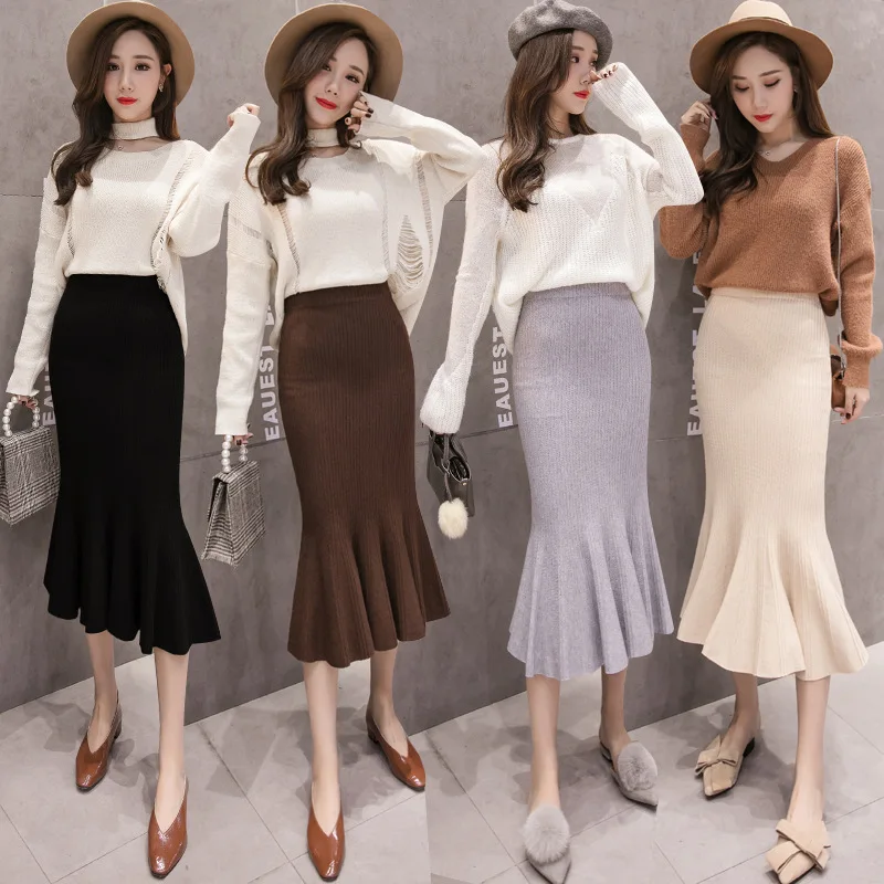 

2019 Autumn And Winter New Style Knitted Skirt Women's Fashion Sheath Fishtail Skirt High-waisted Slimming Versatile Yarn Long S
