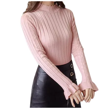 

2019 Fall New Fashion Ladys Autumn Knitted Sweater Bell Sleeve Turtleneck Jumper Casual Style Casual Sweater Jumper Top