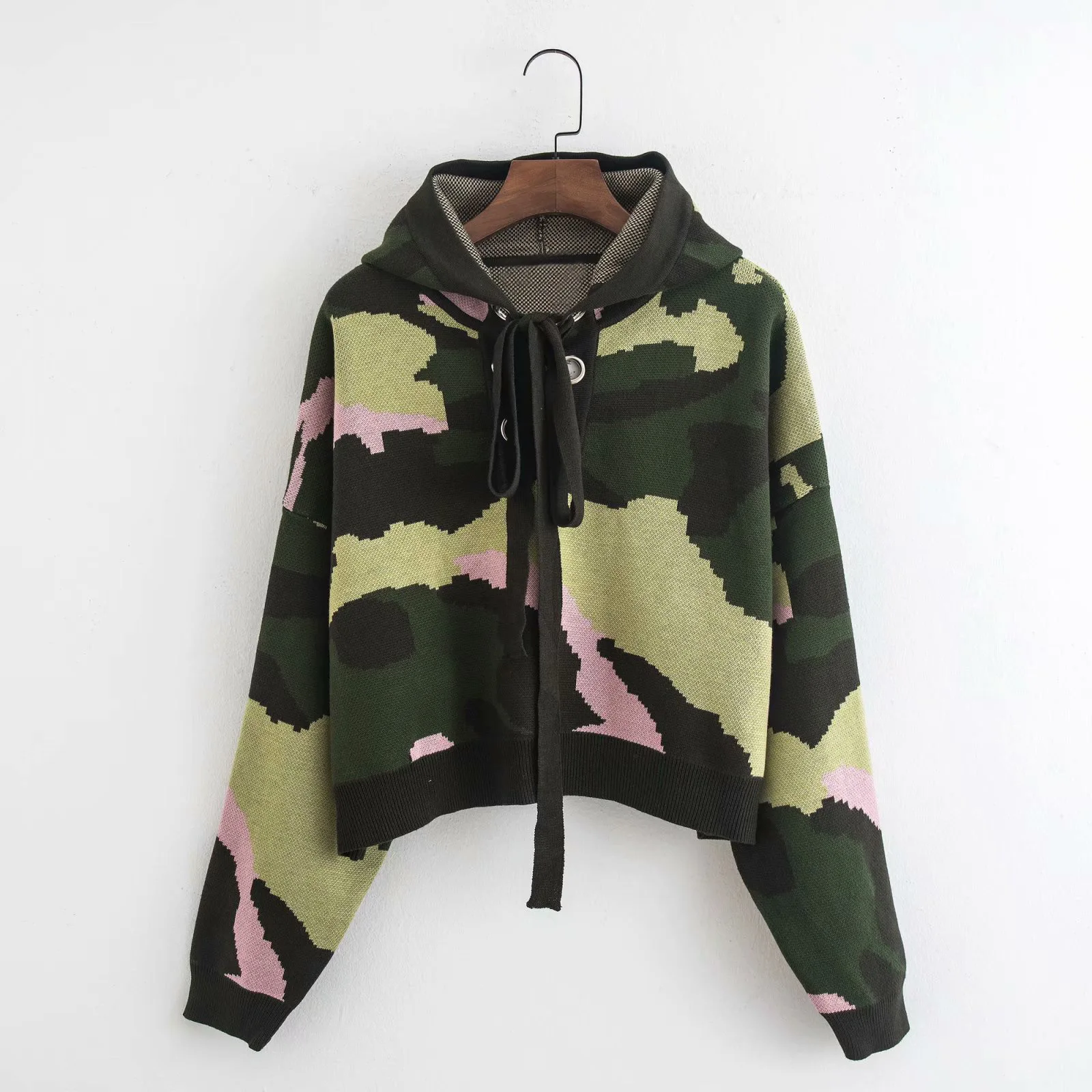 camo Камуфляжная трикотажная укороченная толстовка с капюшоном на шнурке, модная Женская толстовка с длинным рукавом, весенние крутые толстовки короткое худи - Цвет: camo