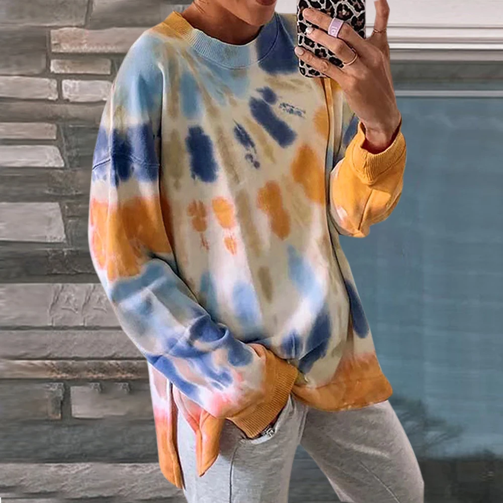 

Sweatshirt Women Autumn Winter Hoodies Pullover Oversize Blouse Long Sleeve Tops Tie-dye Print Color Block Casual Full Polyester