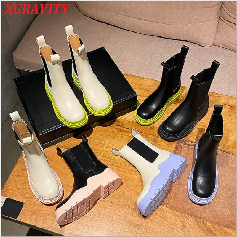 

XGRAVITY S174 Simple Design Round Toe Ankle Boots Cow Leather Flat Boots Leisure Ladies Slip On Footwear Martin Shoes Ladies