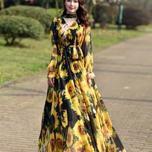 Floral Gedruckt Maxi Kleid frauen 2021New Abaya Dubai Chiffon Muslimischen Große Saum Kleider Neue African Türkei Islam Kaftan Robe