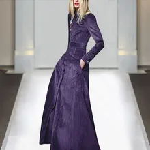 Новая мода весна осень женские ретро длинный рукав Британский ветер фиолетовый вельветовый Тренч женские узкие длинные платья