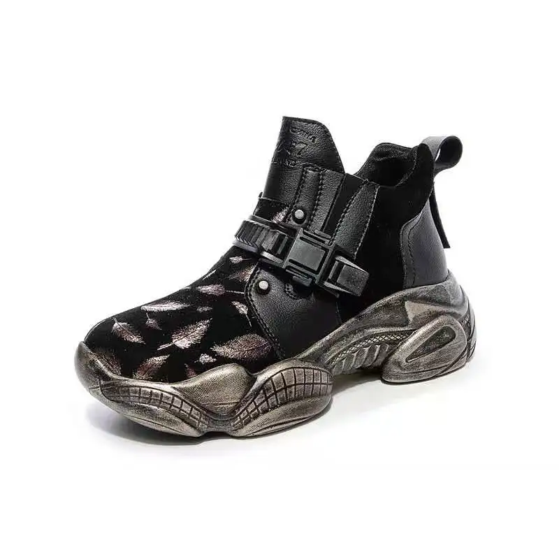 New Style Sport High Help Height Increasing Fashion Women Running Shoes Cow Suede Outdoor Casual Black Ladies Sneakers