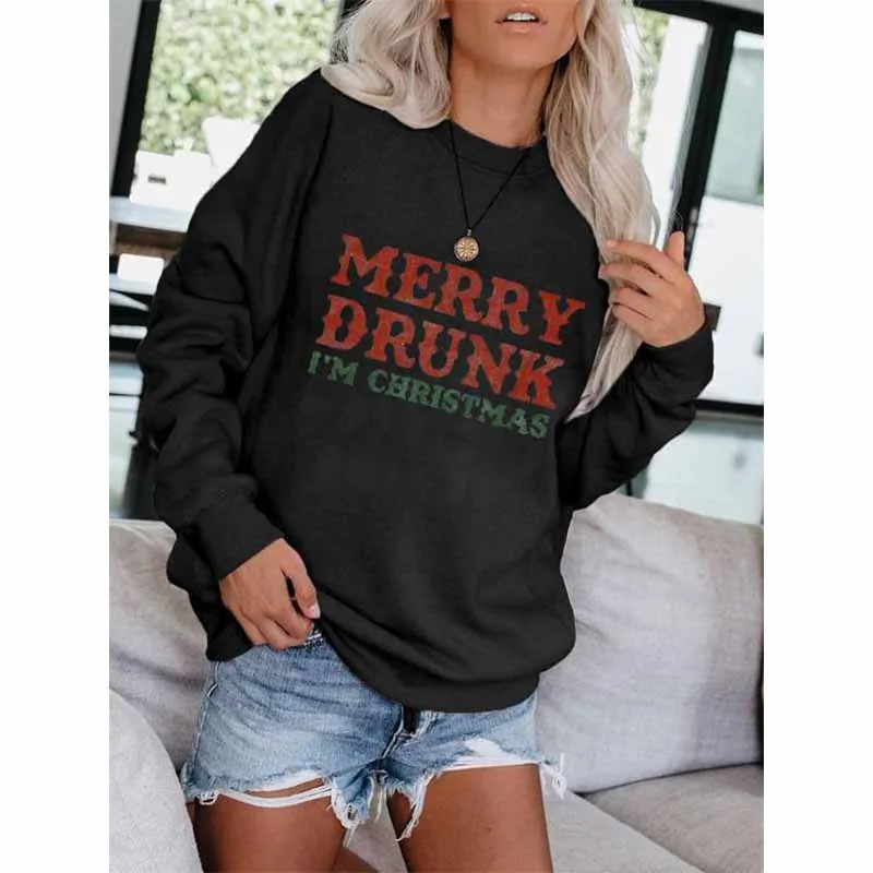 

Letter Print Pullovers Women Christmas Long-sleeved Sweatshirt Top Autumn Personality Casual Loose Round Neck Sweatshirt Clothes
