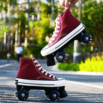 

Canvas Skates Adult Double Row Pulley Roller Skates Four-Wheel Men and Women Night Flashing Roller Skates