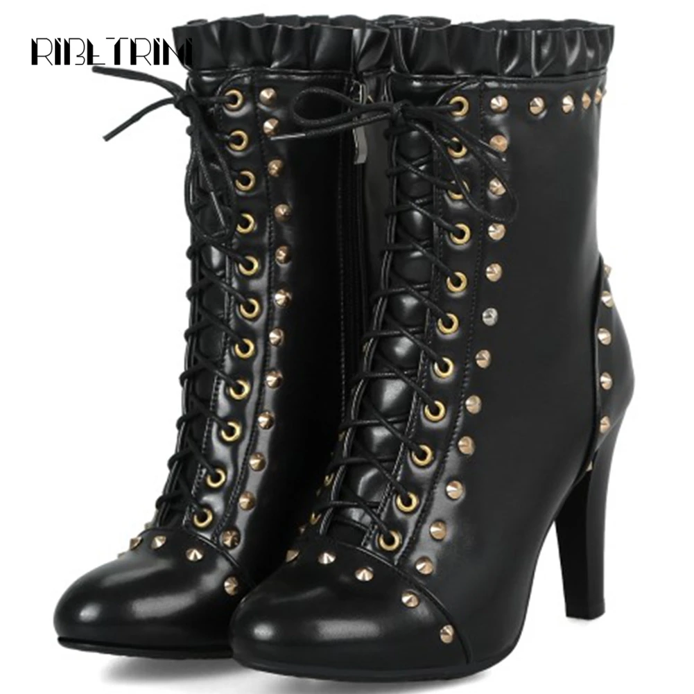 

RIBETRINI Shoes Woman Rivets Round Toe Ankle Boots Women Ruffles Lace Up Short Boots Shoes Woman Plus Size 34-48