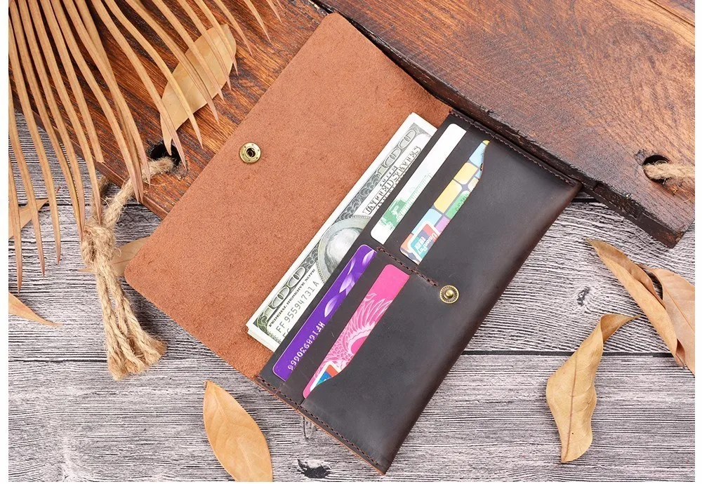 50 pieces / lot 19.5x9.5 cm Genuine Leather Long Wallet Men Bifold Men Wallet Vintage ID Card Holder Purse For Male Gifts