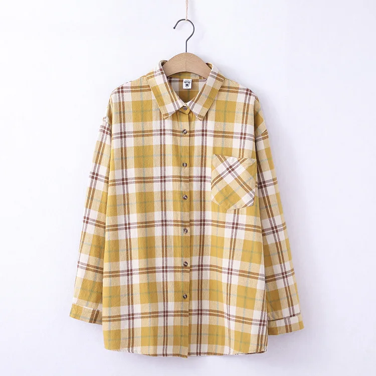 

women plaid shirt blusa mujer camisa feminina mori girls autumn Japanese style casual long yellow plaid blouse