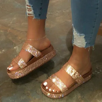

Spring/Summer 2020 Women Double-Layer Rhinestone Buckle Sandals Outside Wild Beach Slippers Ladies Leisure Home Travel Flip Flop