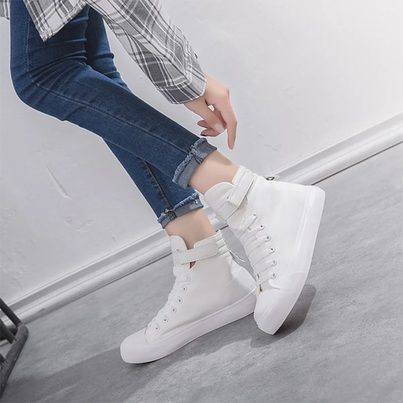 

Women Canvas Flats Vulcanized Fashion Casual Solid Shoes Ladies Lace up Basic High Top Sneaker Autumn Female Comfort Footwear