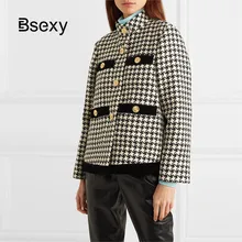 Роскошная женская твидовая куртка в ломаную клетку, зимнее классическое офисное женское однобортное короткое твидовое пальто с воротником-стойкой и карманами