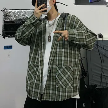 

camisa 2020 spring new Fashion Korean ins Harajuku style retro checked shirt men's loose long-sleeved tide Free shipping Khaki