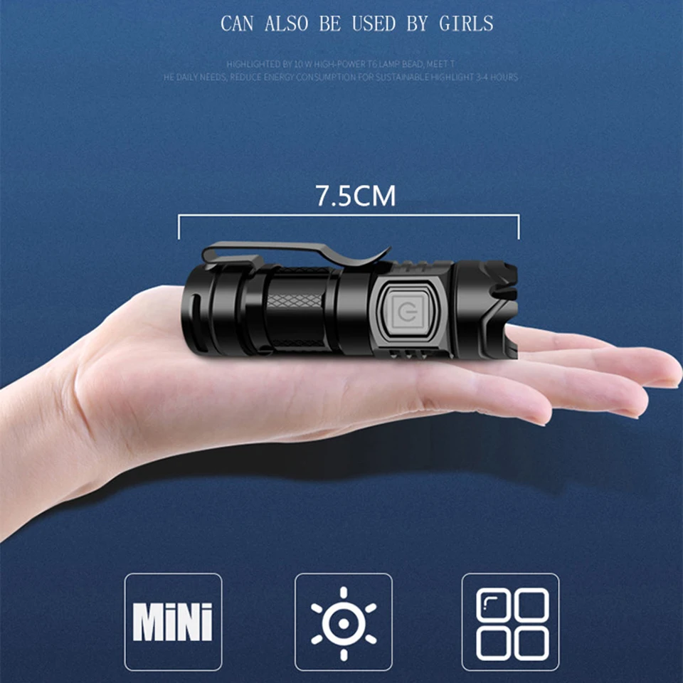 The Brightest Mini Led Flashlight USB Rechargeable Super Bright Torch High Quality Aluminum Waterproof Self Defense Lantern 10W | Лампы и