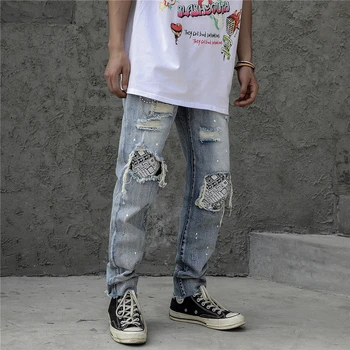 

20SS Streetwear Hole Frayed Jeans Pants Harajuku Straight Loose Casual Denim Trousers Zipper Fly Plus Size Pockets Long Pants